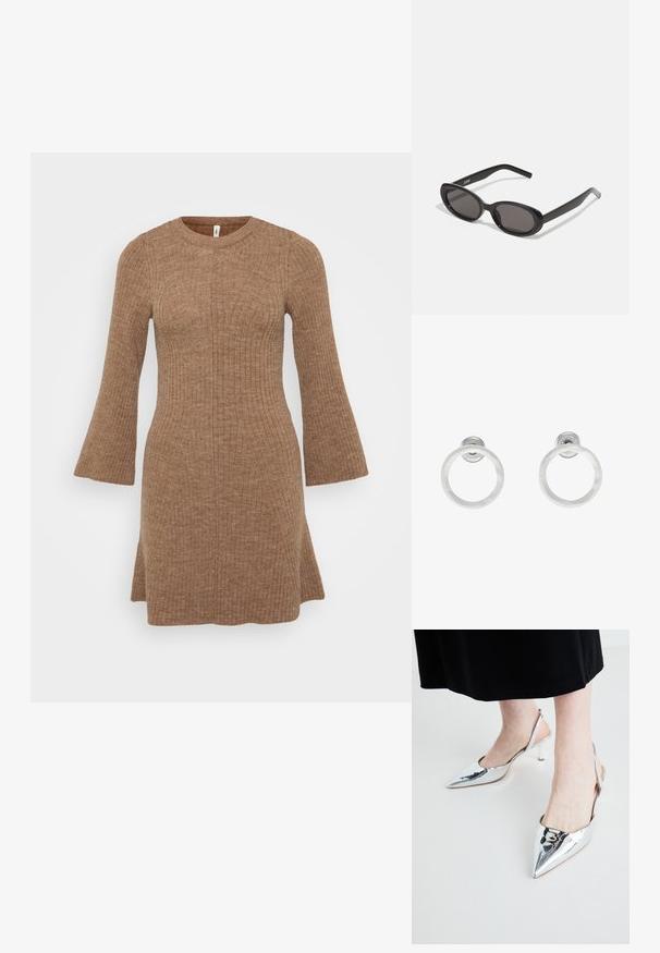 Ribota suknelė šiltu ruduo atspalviu, su apvalia kaklo iškirpte ir platėjančiomis rankovėmis, turinti prigludusią liemenę ir A linijos siluetą.; Sidabriniai, smailiais pirštais, užsegami bateliai su blizgiu paviršiumi ir plona pakulne. Minimalistinis dizainas su lygiu paviršiumi ir atvira nugarėlė.; Juodų ovalių saulės akinių rėmas su tamsiais lęšiais. Pagaminti iš blizgaus plastiko. Siauri šonai su apvaliais galais. Prekės ženklas "ZIGN" išspausdintas ant vieno šono.; Sidabriniai metaliniai auskarai žiedų pavidalu su šveitimo tekstūra, turintys apvalų dizainą ir skaidrų laikiklį saugiam dėvėjimui.