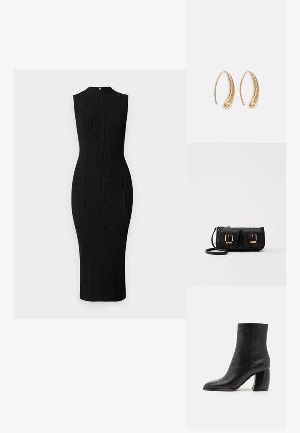 Sort ribbet strikket kjole, uden ærmer, høj hals, tætsiddende silhuet, knæ-længde, med en guld lynlås lukning bagpå.; Sorte læder ankelstøvle med spids tå, skinnende finish og chunky, rund hæl. Glat tekstur og minimalistisk design.; Sort læder crossbody taske med to frontlommer, guldspænder, lynlåslukning og en slank rem. Struktureret overflade og kompakt rektangulær form.; Guldfarvede metal hoops øreringe med en bøjet, forlænget form. Har en glat, skinnende overflade og en afrundet spids for ekstra detalje.