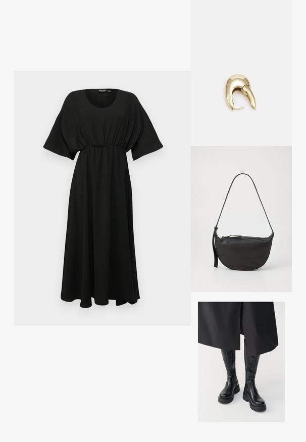 Črna obleka do kolen s kratkimi, širokimi rokavi, nabranim pasom in lahkim materialom. Ima gladko teksturo in preprost okrogel izrez.; Črne škornje do kolen z gladko usnjeno teksturo, debelimi podplati in stranskimi zadrgami za enostavno obuvanje. Eleganten in funkcionalen dizajn.; Črna usnjena torbica za ramo s prikladno obliko, enojnim trakom, zadrgo in diskretnimi šivi po telesu.; Uhane nakit iz zlatastega tona z gladko, ukrivljeno zasnovo. Ima edinstveno koničasto obliko, polirano površino in zaponko s tečajem.
