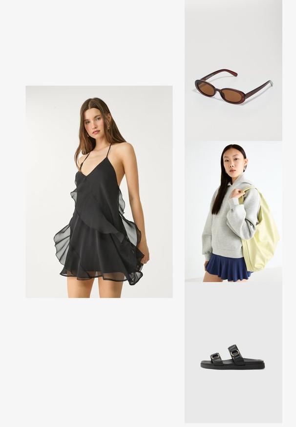 Čierne šifónové šaty s hlbokým V-výstrihom, tenkými popruhmi a vrstvenými volánmi na spodnom okraji, s jemnou, ľahkou textúrou.; Čierne šľapky s dvomi nastaviteľnými remienkami so zlatými doplnkami, textúrovaným vrchným materiálom a plochou gumovou podrážkou.; Okrúhle slnečné okuliare s hnedým nádychom a lesklým burgundským rámom. Úzke ramená s jemným brandovaním. Plochej šošovky dizajn.; Sivá oversized mikina s klokanským vreckom, skombinovaná s námorníckou rozšírenou sukňou. Doplnok: veľký svetložltý batoh s hladkým povrchom.