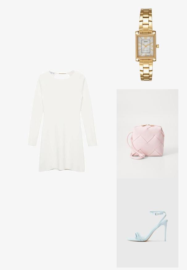 Abito bianco a maniche lunghe con scollo rotondo e dettagli a apertura a chiave sul retro, caratterizzato da un tessuto liscio e testurizzato e una gonna svasata.; Sandal con tacco stiletto azzurro chiaro con due cinturini davanti e cinturino alla caviglia, realizzato in materiale laccato lucido, dotato di un tacco sottile e design minimale.; Borsa a tracolla sintetica tessuta di colore rosa, di forma quadrata, con superficie liscia, tracolla regolabile e chiusura in metallo dorato. Design compatto.; Orologio da polso rettangolare dorato con quadrante bianco, indicatori delle ore in tono argento e un robusto bracciale in metallo. Include la funzione di resistenza all'acqua.