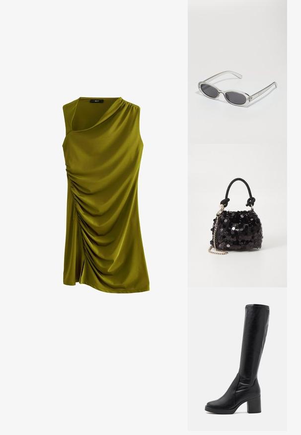 Abito senza maniche verde oliva con design drappeggiato, caratterizzato da arricciature sul lato e una sottile apertura all'orlo per un tocco di dettaglio.; Stivali neri al ginocchio realizzati in pelle liscia, con tacco spesso e punta rotonda. Presentano un design senza cuciture e sottili accenti di cucitura.; Occhiali da sole con forma ovale, montatura in plastica trasparente, lenti grigie scure e aste sottili trasparenti con accenti di logo e dettagli minimi.; Mini borsa a tracolla nera in paillettes con una tracolla texturizzata annodata e catena argentata. Forma rotonda con parte superiore arricciata e dettagli riflettenti.; Collana in oro con maglie allungate e un pendente di perla bianca texturizzata al centro. Chiusura regolabile con tag del marchio inclusa.