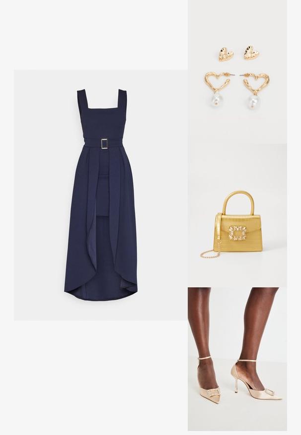 Marineblå kjole med firkantet udringning, belagt talje og flydende nederdel, der hænger længere bagpå. Lavet af et glat, struktureret stof.; Beige satin høyhælte sko med spiss tå, med en juvelbesatt spenne og ankelrem. Glitrende stiletthæler.; Gul faux-krokodille veske med en strukturert design, toppen håndtak, avtagbar kjede stropp, og dekorativ krystallbortsettelse på låsen.; Gullfargede hjerteformede øredobber med en teksturert finish, som har en hengende perleaccent. Inkluderer matchende hjerte-stud øredobber.