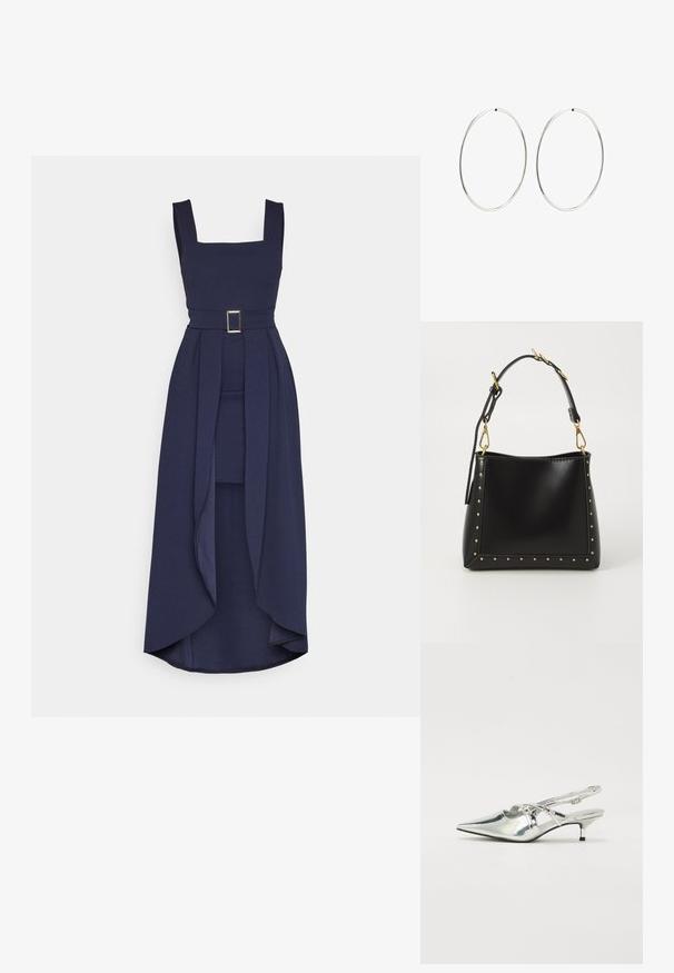 Navynsininen mekko, jossa on neliönmuotoinen pääntie, vyötärölle kiinnitettävä vyö ja virtaava hame, joka laskeutuu pidemmälle taakse. Valmistettu sileästä, teksturoidusta kankaasta.; Hopeiset metallinhohtoiset nilkkuri-kengät, joissa on terävä kärki, matala kitten-korko ja ristiin menevät nauhat edessä. Silkkinen, kiiltävä pinta.; Musta nahkainen käsilaukku, jossa on jämäkkä muoto, kultaiset niitit reunoilla ja irrotettava hihna kultaisilla yksityiskohdilla.; Hope hopeita hopeita, joissa on sileä, pyöreä muoto ja kiiltävä pinta. Ne ovat ohuita ja kevyitä, ja niissä on yksinkertainen lukitus.