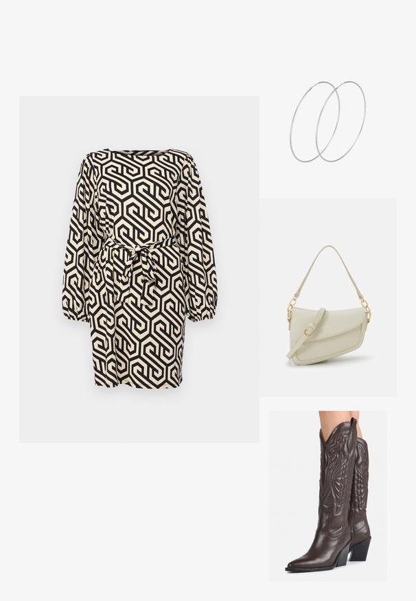 Svart och krämfärgad klänning med geometriskt mönster, långa ballongärmar, fyrkantig halsringning och ett knytbart midjebälte. Texturerad tyg.; Bruna lädercowboystövlar med spetsig tå och klossklack, med detaljerad sömnad och upphöjda accenter på skaftet.; Liten gräddfärgad handväska med en strukturerad finish, en lång justerbar rem, en kedjedetalj och en klaffstängning. Guldfärgad hårdvara.; Silverfärgade hoopörhängen med en minimalistisk design. Cirkulär form, slät yta och tunn profil. Lätta med en polerad finish.