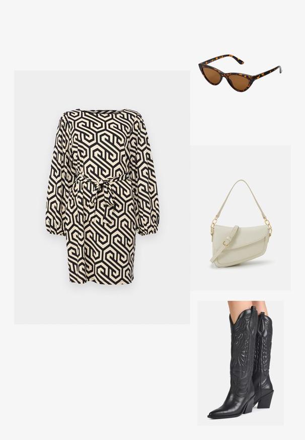 Black and cream geometric patterned dress with long balloon sleeves, a square neckline, and a tied waist belt. Textured fabric.; Black leather cowboy boots with intricate embossed designs, pointed toe, and chunky heel. Features stitched accents and pull tabs.; Cat-eye sunglasses with a black and orange tortoiseshell frame, brown lenses, and sleek, pointed tips. Features a minimal logo on the temple.; Small cream handbag with a textured finish, a long adjustable strap, a chain accent, and a flap closure. Gold hardware detailing.