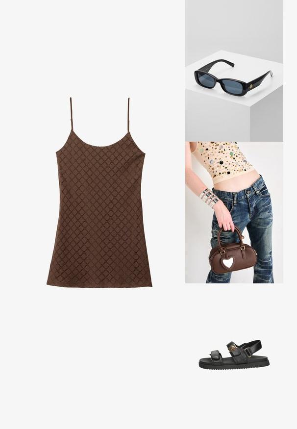 Camisola marrone con un motivo in pizzo, dotata di spalline sottili, caratterizzata da un design a diamante testurizzato su tutta la stoffa e un orlo dritto.; Sandal in pelle nera caratterizzato da due cinghie regolabili con hardware dorato, una soletta imbottita e una suola in gomma nera testurizzata.; Occhiali da sole neri rettangolari con lenti blu oscurate, montatura spessa e un accento circolare dorato di lato. Finitura elegante e lucida.; Borsa in pelle marrone con un accento a forma di cuore, design arrotondato, accessori in metallo dorato, tenuta da una mano; abbinata a jeans distressed e a una maglietta con perline.