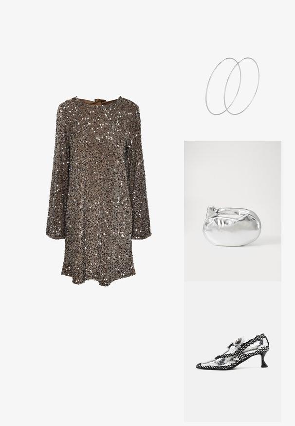 Pitkähihainen mekko, jossa on ruskea kangas, joka on peitetty hopeisilla paljeteilla, pyöreä pääntie ja takana nauhakiinnitys. Heijastava ja teksturoitu pinta.; Läpinäkyvä korkokenkä musta-valkoisella kuvioidulla verkkoverkolla, kärjellinen ja pienellä, lievästi levenevällä mustalla kantapäällä. Kukalliset yksityiskohdat korostavat muotoilua.; Hopeapintainen metallinen pussilaukku, jolla on pehmeä, pyöreä muoto ja solmittava yläosa. Valmistettu sileästä tekonahkamateriaalista.; Hopehope hopeilla, joissa on minimalistinen muotoilu. Pyöreä muoto, sileä pinta ja ohut profiili. Kevyet ja kiillotetut.