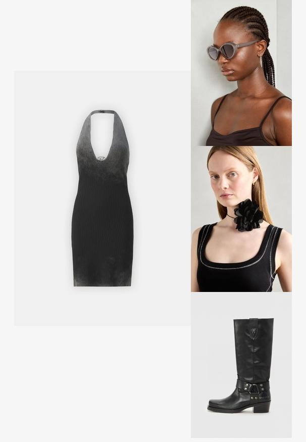 Ribota halter tipa kleita gradientā melnā krāsā, ar dziļu V veida kakla izgriezumu un sudraba aksesoru ap kakla izgriezumu. Gluda tekstūra.; Melni ādas zābaki līdz ceļiem ar noapaļotu purngalu, siksna ar sudraba elementiem un zemu kaļķakmens papēdi. "REPLAY MFG. CO" iegravēts sānos.; Pelēkas pārāk lielas saulesbrilles ar noapaļotu formu un tumšiem stikliem. Gluda plastmasas rāmis ar gludu apdari. Modeli ir pītās matu pēc.; Melnā ziedu kaklarota, kas izgatavota no kārtainām ziedlapām, valkāta kopā ar melnu ribotu topu ar sudraba akcentiem apkakles un plecu daļā.