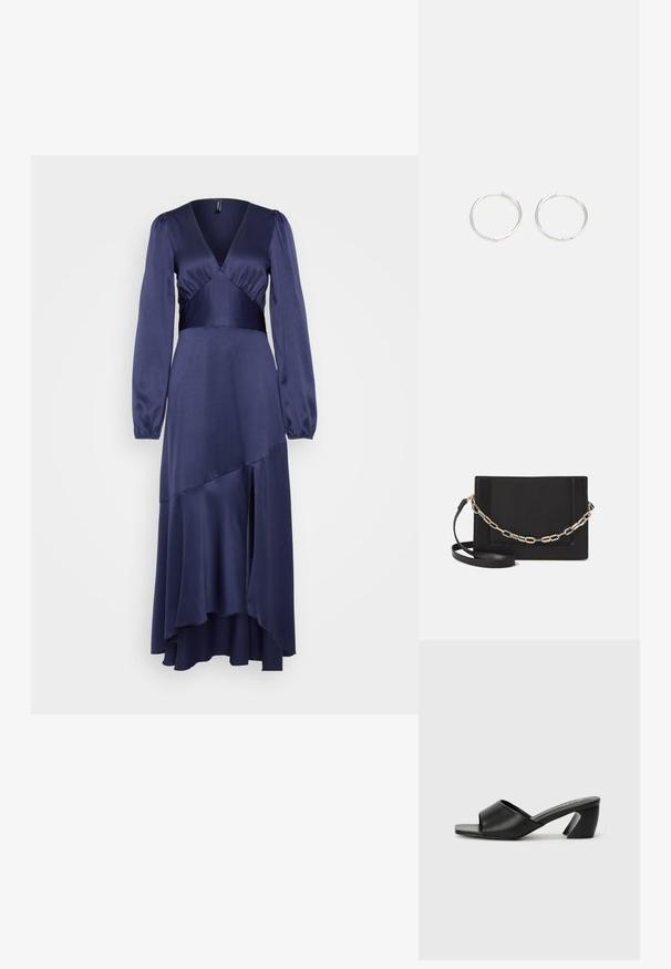 Tmavomodré saténové midi šaty s dlhými puff rukávmi, hlbokým V-výstrihom a vrstveným dizajnom sukne s vysokým a nízkym lemom.; Čierne sandále na podpätku s hladkým faux koženým zvrškom, otvorenou špičkou a výnimočným uhlovým podpätkom. Minimalistická štvorcová vložka.; Čierna kožená crossbody taška s hladkou textúrou, obdĺžnikovým tvarom a kovovým reťazovým detailom na prednej strane. Súčasťou je nastaviteľný popruh.; Strieborné kruhové náušnice s elegantným, okrúhlym dizajnom, s hladkým povrchom a bez viditeľných ozdôb. Priemer nie je špecifikovaný.