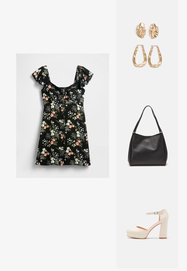 Čierne krátke šaty s nadýchanými rukávmi, čipkovým lemom na výstrihu a mnohobarevným kvetinovým vzorom v odtieňoch ružovej, bielej, modrej a zelenej.; Krémové platformové ihly s okrúhlou špičkou a nastaviteľným remienkom okolo členka. Obsahujú masívny blokový podpätok s miernym dreveným akcentom.; Čierna syntetická kožená kabelka s jemnou textúrou, tvarom hobo a dvojitými ramennými popruhmi; obsahuje lesklý povrch a minimalistický dizajn.; Náušnice v zlatej farbe s textúrovanými, vlnitými tvarmi. Obsahujú sochárske klipsové náušnice a otvorený tvar krúžku s kladivkovým povrchom.
