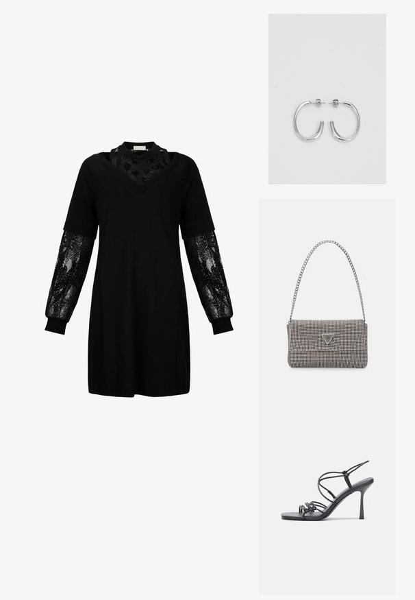 Vestido negro con escote en V, mangas cortas e inserciones de encaje texturizado en las mangas. Presenta un corte suelto y una tela suave.; Las sandalias negras de tacón alto presentan finas correas con un diseño anudado, una punta cuadrada suave y un elegante tacón de aguja.; Bolso de mano metálico gris claro con una cadena como asa, adornado con pequeños remaches metálicos circulares y un logotipo de marca en forma triangular.; Aros de plata en forma de aro con un acabado liso y brillante. Diseño redondeado y ligero, con cierre de tipo post-back.