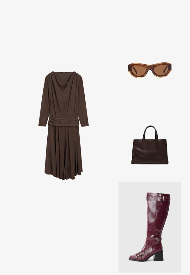 Hnědé šaty s dlouhým rukávem, s volným výstřihem, detailem na nařaseném pase a volnou skládací sukní z jemného materiálu.; Bordové kožené vysoké boty po kolena s špičatou špičkou, stříbrnými sponami a blokovým podpatkem. Mají hladkou, lesklou texturu.; Sluneční brýle s rámem v želvovinovém designu, hnědými gradientními skly a elegantním tvaru kočičího oka. Vyrobeny z lehkého plastu s lesklým povrchem.; Hnědá kožená taška přes rameno s dvěma dlouhými uchy, strukturální obdélníkový tvar, hladká textura a jemné švy.