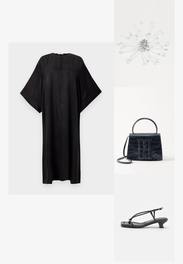 Black maxi dress with a loose fit, wide sleeves, round neckline, and a small front slit. Made of smooth, lightweight fabric.; Black leather sandal with thin straps, low block heel, and square toe. Features a buckle closure and smooth texture.; Black crocodile-embossed leather handbag with a structured design, top handle, adjustable strap, and a prominent front logo detail.; Black crocodile-embossed leather handbag with a structured design, top handle, adjustable strap, and a prominent front logo detail.; Crystal brooch with silver-tone metal, featuring clear beads on thin wires arranged in a starburst pattern, highlighting transparency and light reflection.