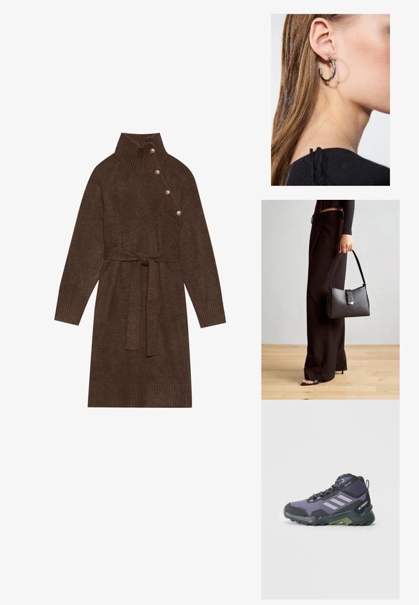 Ruskea neulemekko, jossa on korkea ribbineck, sivunapit ja yhteensopiva kangasvyö. Ribbineuletylsät ja helma lisäävät tekstuuria.; Violetti ja musta vaelluskengä, jossa on tekstuuri päällinen, harmaat yksityiskohdat ja vihreä pohja. Kengässä on nauhakiinnitys ja kestävä kuvioitu pohja.; Musta käsilaukku, jossa on rakenteellinen muoto, sileä pinta ja metallinen solki. Yhdistetty leveisiin mustiin housuihin ja avonaiheisiin sandaaleihin puulattialla.; Hopea renkaankorvakoru kiiltävällä pinnalla, jossa on pieniä kultaisia yksityiskohtia ja pyöreä muoto, käytetty korvalla.