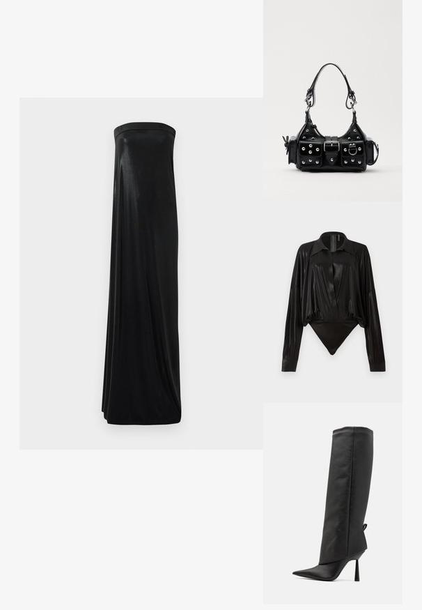 Černé dlouhé šaty bez ramínek vyrobené z hladké, lesklé textilie. Mají přiléhavý korzet a splývavý střih, sahající až k zemi, bez ozdob.; Černý body s dlouhými rukávy, výstřihem do V a přiléhavým střihem. Vyrobeno z lesklého, hladkého materiálu se strukturovaným límcem a manžetami.; Černé kožené boty na vysokém podpatku s špičatou špičkou, vysokým svrškem a hladkým povrchem. Obsahují malý detail smyčky na zadní straně.; Černá kožená kabelka s křivkovým designem, zdobená stříbrnými hřebíky, s přezkou a dvěma bočními kapsami. Nastavitelný popruh pro různé možnosti nošení.