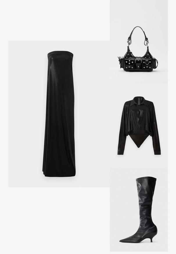 Fekete, pánt nélküli maxi ruha sima, fényes anyagból. Feszes felsőrésze és lebegő sziluettje van, a földig ér, díszítések nélkül.; Fekete egyrészes ruházat hosszú ujjakkal, V-kivágással és testhez simuló fazonnal. Fényes, sima anyagból készült, strukturált gallérral és mandzsettákkal.; Fekete bőr, térd fölé érő csizmák, hegyes orral és karcsú, ívelt sarokkal. Puha tapintás és sima felület, minimális varrási részletekkel.; Fekete bőr kézitáska ívelt designnal, ezüst szegecsekkel, csattal és két oldalsó zsebbel. Állítható vállpánt a hordozási lehetőségekhez.