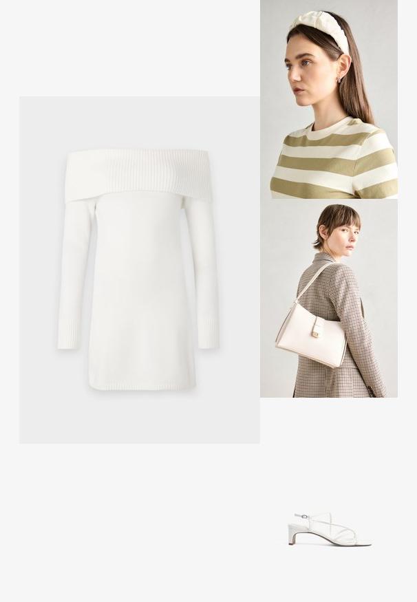 Bela pulover brez naramnic z rebrastim ovratnikom in dolgimi rokavi. Mehka tekstura, zasnova do kolen in prilegajoči se rebrasti manšeti.; Bela sanda s peto na visoki peti z ozkim trakastim dizajnom, kvadratnim prstom in nizkim blokastim petom. Gladek zaključek z nastavljivim detajlom za gleženj.; Bela usnjena torba s strukturirano zasnovo, opremljena z magnetnim zapiranjem in naramnico, prikazana na nevtralni ozadju.; Kremna ušesna traka s prepletenim dizajnom, uparjena s bež in belimi črtastimi majicami z okroglim izrezom. Diskretni nakit.