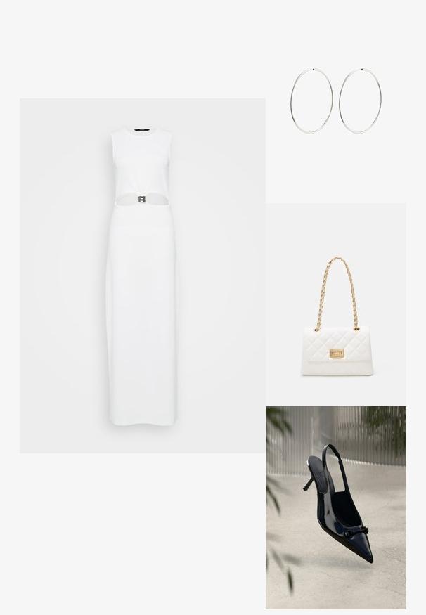 Valge ilma varrukateta maksikleit, millel on keskel lõikeauk ja metallist vöödetail. Sile tekstuur, sirge siluett.; Must musta nahk slingback kõrge kontsaga king, terava nina ja dekoratiivse pandlaga, riputatud kerge pragulise põranda kohal.; Valge tikitud käekott kuldse aasa käepidemega ja ristküliku kujuline klamber. Omab siledat tekstuuri ja geomeetrilist õmblusmustrit.; Hõbedased rõngaskõrvarõngad, millel on sujuv, ümmargune disain ja poleeritud viimistlus. Need on õhukesed ja kerged, omades lihtsat klambrit.