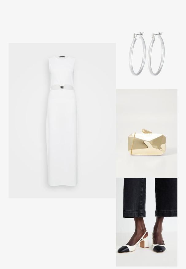 Balta be rankovių maksi suknelė su centriniu išpjovimu, papuošta metaliniu dirželiu. Lygus paviršius, tiesi siluetas.; Balti ir juodi blokinėms pakulnėms skirti sliuži su smailiu nagu, lygios odos medžiaga ir kontrastingos spalvos akcentai ant nosies.; Aukso metalinis rankinės gaubtas su geometriniu dizainu, lygia tekstūra, užtrauktuku ir užtrauktuko užsegimu viršuje. Rankinė yra stačiakampio formos su kampuotais kraštais.; Sidabriniai auskarai su sklandžiu, poliruotu paviršiumi. Apvalios formos ir saugus uždarymo mechanizmas. Lengvas dizainas, tinkantis kasdieniam dėvėjimui.