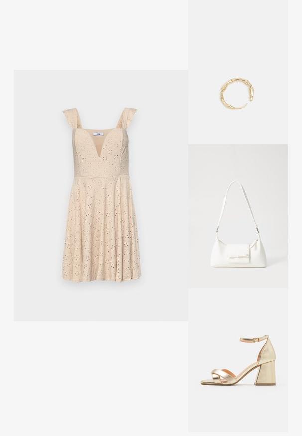 Beež kleit V-kaelusega, volangiste rihmadega ja silmade mustriga. Kehasse sobiv ülaosa, mis viib laiendatud seeliku poole. Valmistatud kergest kangast.; Kuldmetallicad kontsakingad plokkniga, avatud varvastega ja ristuva rihma disainiga. Ankle strap'il on tõmbluku sulgemine.; Valge sünteetilisest materjalist kott kolmnurkse kujuga, lame esiklapiga ja kaaredetailiga, reguleeritava rihmaga, sileda tekstuuriga ja minimalistliku disainiga.; Kuldtoonis sõrmus, millel on orgaaniline, keerdunud disain sileda tekstuuri ja kitsenevate otstega, luues kaasaegse skulptuurilise välimuse.