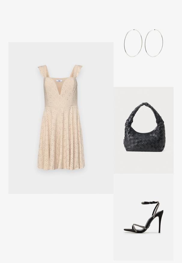Bež haljina s V-izrezom, volančićima na naramenicama i uzorkom rupica. Prikladna korzetna haljina koja vodi do lepršavog suknje. Izrađena od lagane tkanine.; Crne sandale na visoku petu s tankim, ukrašenim trakama i kopčom oko gležnja. Sued materijal, otvoreni nos i elegantan, uski silueta.; Crna kožna torba za rame s pletenim uzorkom, zaobljenom drškom i oblikom u obliku polumjesece na jednobojnoj pozadini.; Srebrne naušnice od obruča s glatkim, okruglim dizajnom i poliranim završetkom. Tanak su i lagani, s jednostavnim zatvaranjem.