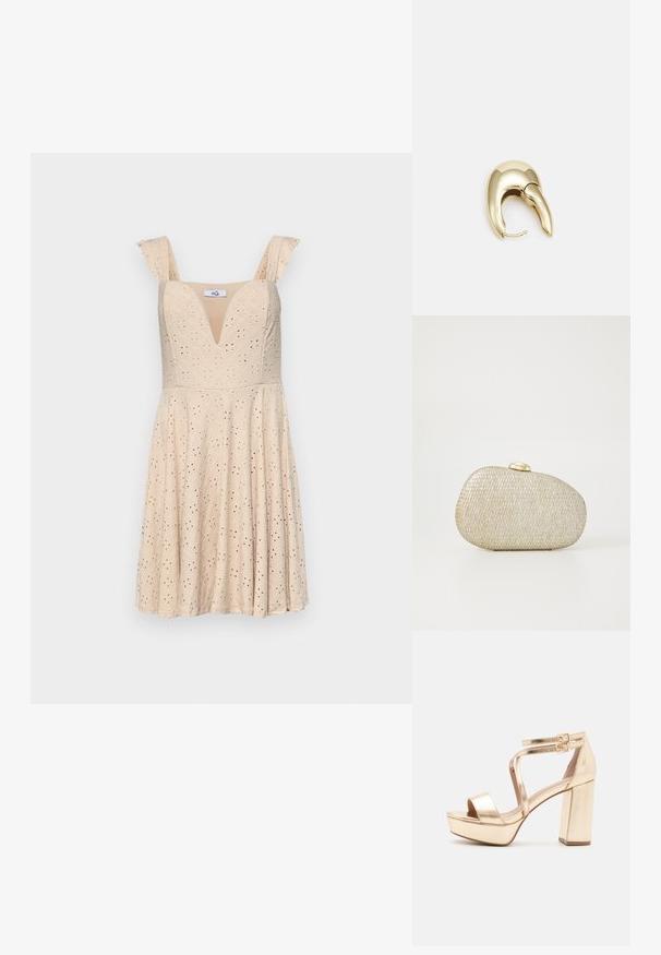 Béžové šaty s výstrihom do V, rukávmi s volánikmi a vzorom s dierkovaním. Priliehavý korzet vedúci k rozšírenej sukni. Vyrobené z ľahkého materiálu.; Zlaté metalické platformové sandále s robustným blokovým opätkom, otvorenou špičkou a kríženými členkovými pásikmi s prackami. Hladká textura.; Kovový zlatý a strieborný clutch s textúrou, zaobleného tvaru a hladkým zlatým zapínaním. Obsahuje tkaný dizajn po celom povrchu.; Náušnice z kovu v zlatej farbe s elegantným, zakriveným dizajnom. Majú charakteristický špicatý tvar, leštený povrch a uzáver na pánt.