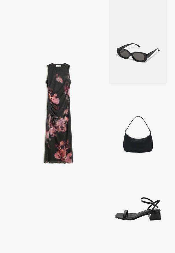 Ærmeløs sort maxikjole med pink og lilla blomsterprint og subtile sidekrøller.; Next FOREVER COMFORT - REGULAR FIT - Sandaler - black; Sorte rektangulære solbriller med mørke linser. Tykt plastiklavet stel med glat overflade og afrundede kanter. Stilfulde stænger strækker sig udad.; Mango Håndtasker - black