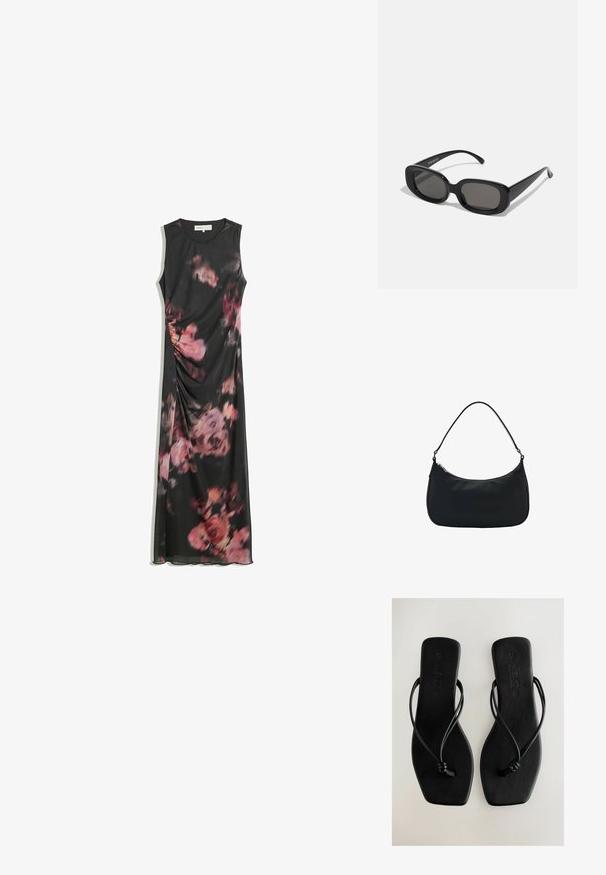 Czarna maxi sukienka bez rękawów z różowo-fioletowym nadrukiem kwiatowym i subtelnym marszczeniem z boku.; Czarne płaskie sandały z cienkimi rzemykami, prostokątną podeszwą i gładką teksturą. Posiadają akcenty w postaci zawiązanych pasków oraz tłoczone logo.; Czarne prostokątne okulary przeciwsłoneczne z ciemnymi soczewkami. Gruba plastikowa oprawa, gładka faktura i zaokrąglone krawędzie. Stylowe zauszniki rozciągają się na zewnątrz.; Mango - Torebka