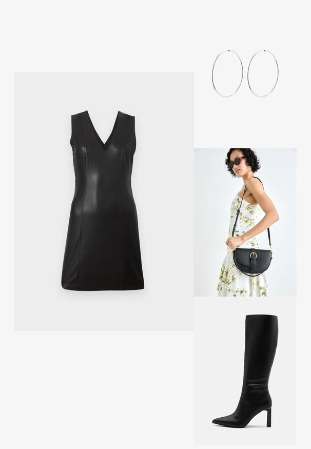 Sort ærmeløs kjole i kunstlæder med V-hals og figursyede sømme, knælang, mod en ensfarvet lys baggrund.; Even&Odd Høje støvler/ Støvler - black; Sort læderhåndtaske med en buet form, aftagelig rem og guldfinish. Tasken har en klap med en spænde detalje.; Sølvøreringe med en glat, rund design og en poleret overflade. De er tynde og lette, og har en simpel lås.