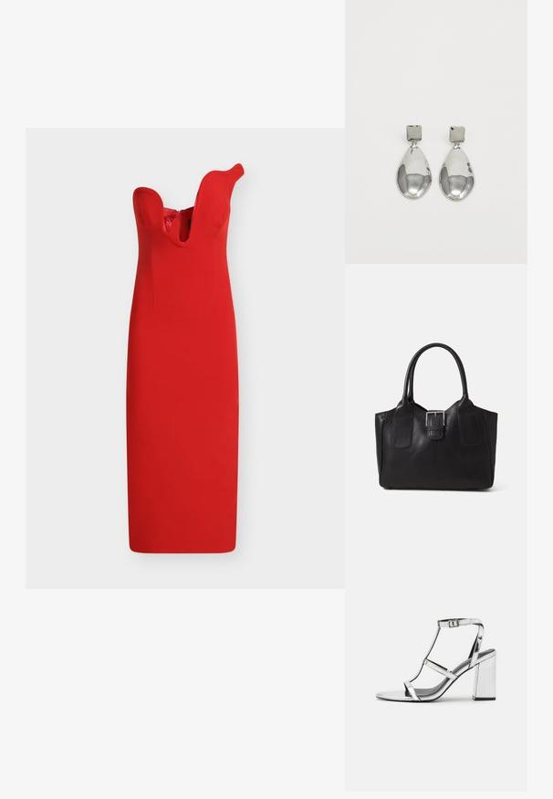 Red fitted dress with a deep V-neckline and tapered shape. Made from smooth fabric, featuring a back zipper and structured design.; Silver metallic heeled sandal with a T-strap design, adjustable ankle buckle, and a block heel, featuring a smooth, reflective surface.; Black leather tote bag with smooth texture, structured shape, two handles, and a prominent silver buckle detail on the front.; Silver drop earrings with a square stud, featuring a smooth, polished finish and a teardrop shape, reflecting light with a glossy surface.