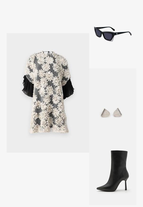 Virágmintás ruha áttetsző anyagból, bézs virágokkal szürke pöttyös háttéren; fekete plisszírozott rövid ujjakkal, amelyek textúrát adnak.; Fekete bőr bokacsizma hegyes orral, vékony stiletto sarokkal és sima felülettel, minimalista dizájn jellemzi, díszítések nélkül.; Fekete, nagyméretű napszemüveg geometrikus formával, sötét lencsékkel és kontrasztos szürke részlettel a kereten. Logó a szárán.; Ezüst fém fülbevalók sima, csepp alakú formával és fényes felülettel. Finom gravírozások teszik részletessé. Minimalista dizájn.