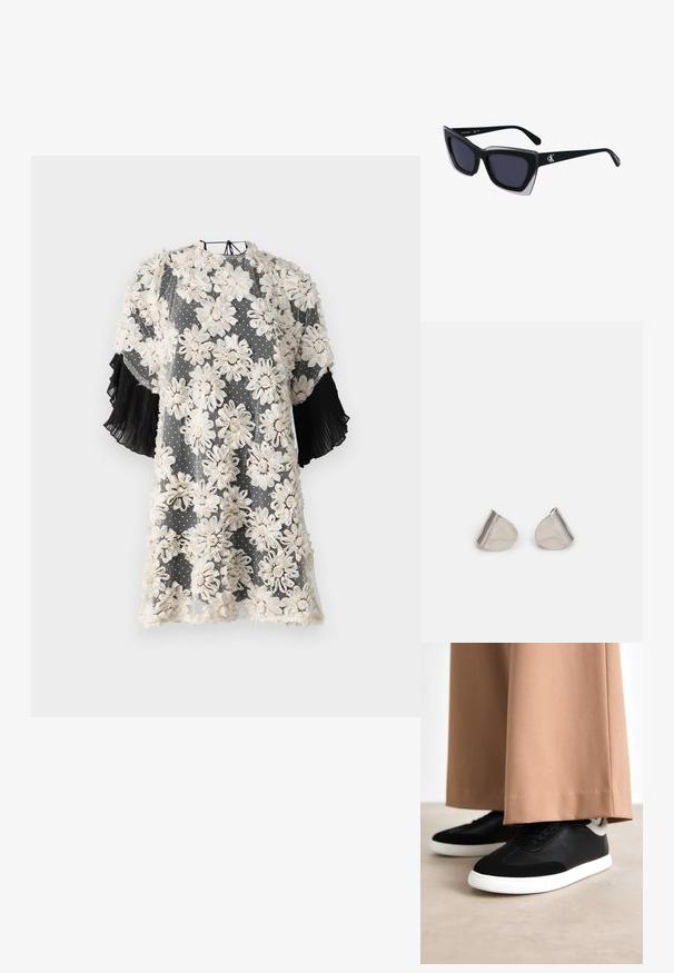 Vestido con estampado floral hecho de una tela transparente con flores beige sobre un fondo gris con puntos; las mangas cortas plisadas en negro añaden textura.; Zapatillas negras y grises con un upper de cuero suave y acentos de ante suave; suela de goma blanca; llevadas con pantalones de pierna ancha en color beige.; Gafas de sol negras de gran tamaño con una forma geométrica, que presentan lentes oscuros y un detalle gris contrastante en la montura. Logo en la pata.; Pendientes de metal plateado con una forma suave de lágrima y un acabado pulido. Grabados sutiles añaden detalle. Diseño minimalista.
