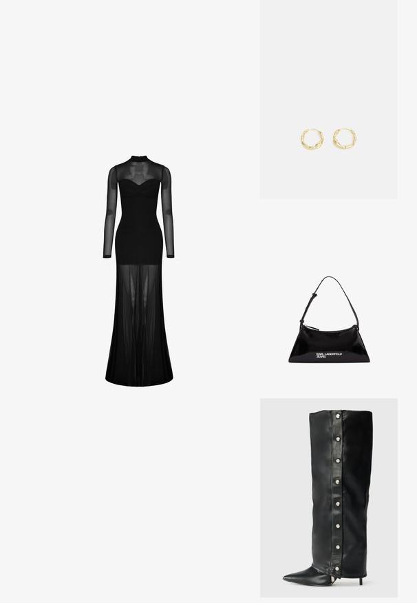 Musta pitkähihainen mekko, jossa on tiukka yläosa ja läpinäkyvä päällys. Korkea kaula-aukko, lattiaan ulottuva, sisältää kupin yksityiskohtia ja virtaavaa kangasta.; Mustat nahkasaappaat, joissa on korkea korko, tiukka muotoilu, teräväkkäinen varvas ja hopeiset nappikiinnitykset sivuilla.; Mustan kiiltävän nahkan käsilaukku kolmion muotoisena, varustettuna ylhäältä avattavalla vetoketjulla ja säädettävällä hihnalla. "KARL LAGERFELD JEANS" -logo hopeisena.; Kultaiset korvisrenkaat, joissa on teksturoidun epäsäännöllinen pinta. Ominaisuuksiin kuuluu kevyt muotoilu ja pyöreä muoto, joka sopii päivittäiseen käyttöön.