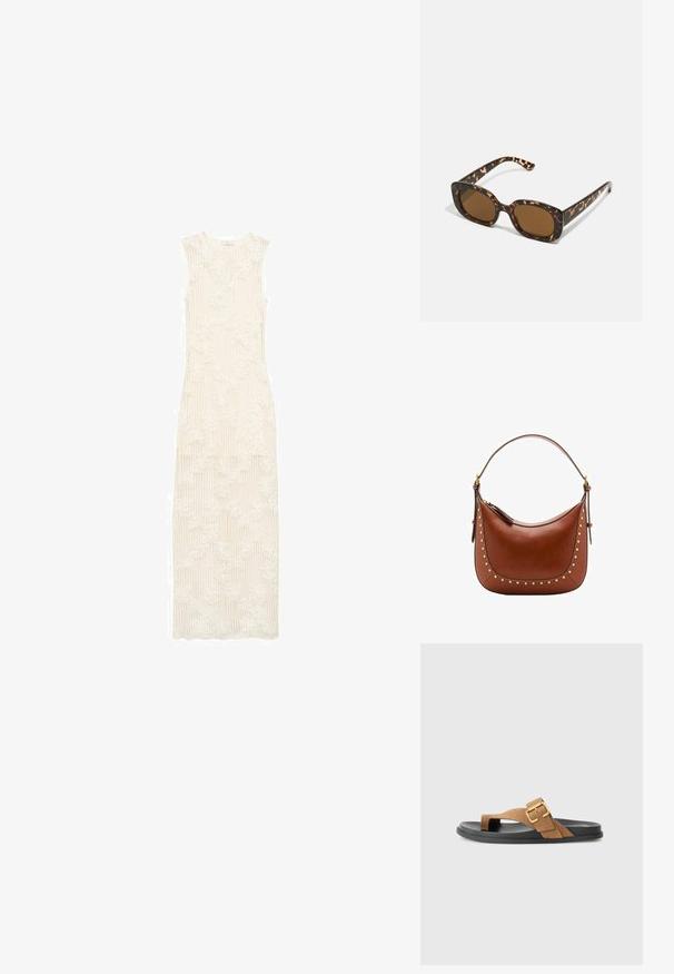Dolg bel kremast obleka z rebrasto teksturo in cvetličnim čipkastim vzorcem. Brezrokavni dizajn, dolžina do tal, prilegajoč kroj in okrogla izreza.; Rjavi semiš sandali z zlatim sponko, ki imajo ravno črn gumijast podplat in design na poti. Gladka tekstura, minimalističen stil.; Sončna očala iz kornjačine s poudarjenim, okroglim okvirjem in rjavimi lečami. Imajo subtilne vzorce in ravne, zožene ročke.; Rjava usnjena torba s ukrivljeno obliko, ki ima zlate žebljičke vzdolž šiva in tanek naramni trak. Zapenjanje z zadrgo na vrhu.