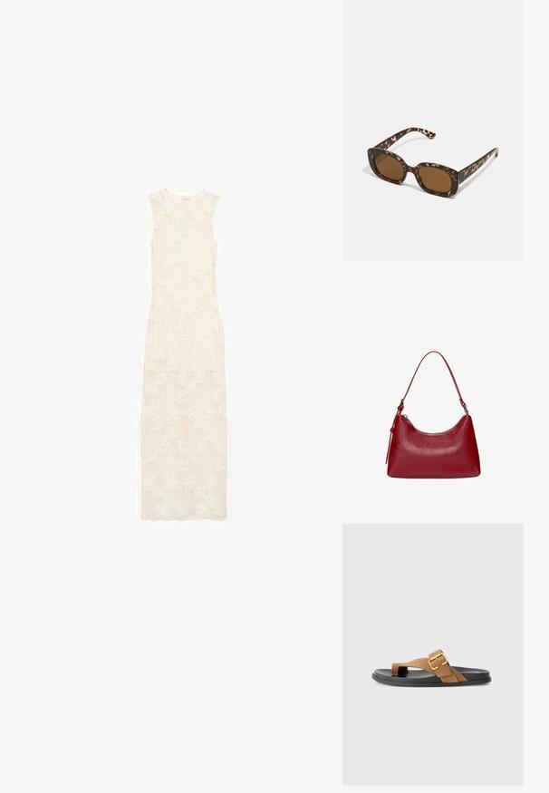 Lang, cremet hvid kjole med ribbet tekstur og blomsterlacemønster. Ærmeløs design, gulvlængde, skræddersyet pasform og rund halsudskæring.; Brune ruskindsandaler med detaljer i guldspænde, med en flad sort gummisål og et thong-stil design. Glat tekstur, minimalistisk stil.; Skildpadde-solbriller med en rund, kraftig ramme og brune linser. Har subtile mønstre og lige, afsmalnende stænger.; Rød læder skuldertaske med et buet design, glat tekstur og lynlåslukning. Den har et tyndt håndtag til at bære.