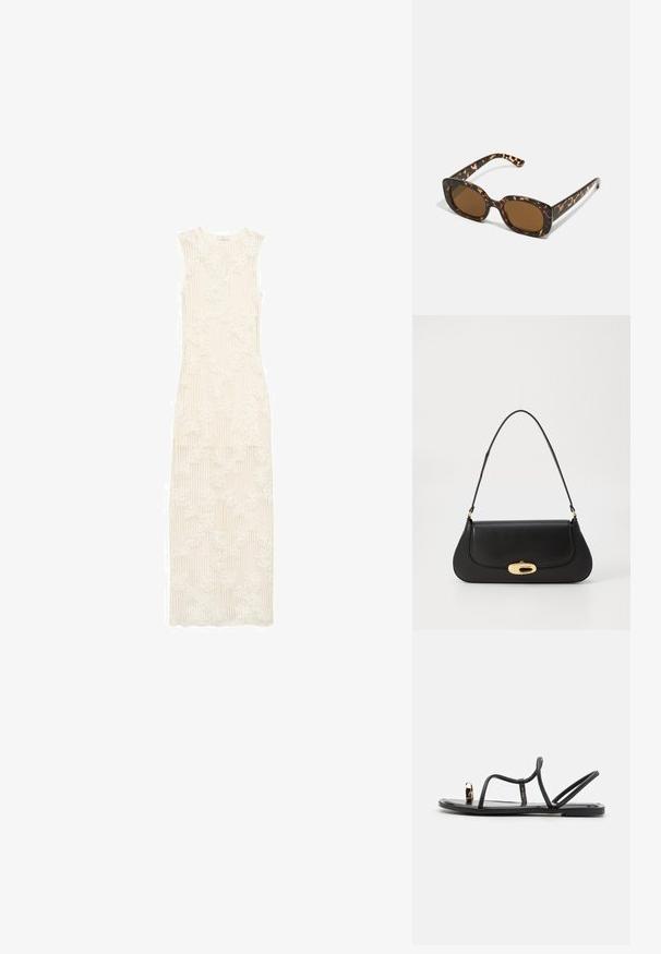 Abito lungo, di un bianco cremoso, con una texture a coste e un motivo di pizzo floreale. Design senza maniche, lungo fino al pavimento, vestibilità sartoriale e scollo rotondo.; Sandali neri piatti con fasce sottili e anello per le dita, dotati di un accento dorato sulla punta. Realizzati in un materiale liscio e lucido.; Occhiali da sole in tartaruga con una montatura rotonda e voluminosa e lenti marroni. Presentano delicati motivi e bracci dritti e affusolati.; Borsa a tracolla in pelle nera con design curvo, hardware color oro e manico superiore. Caratterizzata da una chiusura elegante e una superficie liscia.