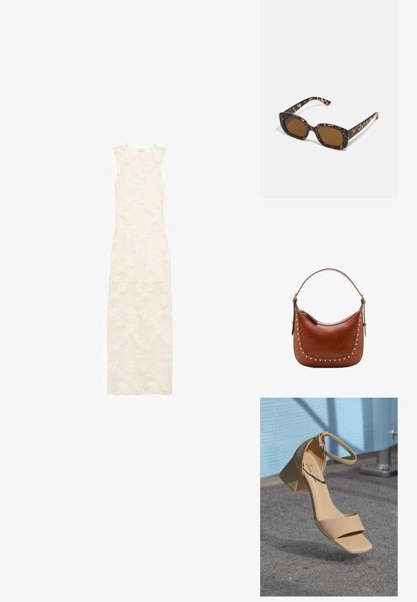Dlouhé, krémově bílé šaty s ribbovanou texturou a květinovým krajkovým vzorem. bez rukávů, až na zem, přizpůsobený střih a kulatý výstřih.; Beige sandály na blokovém podpatku se čtveratou špičkou, minimálními popruhy a sponou na kotníku. Hladký, matný materiál na šedém povrchu.; Sluneční brýle ve skořápce želvy s kulatým, širokým rámem a hnědými čočkami. Mají jemné vzory a rovné, zúžené stranice.; Hnědá kožená kabelka s oblým tvarem, zdobená zlatými hřebíčky podél švu a tenkým ramenním popruhem. Zipové uzavírání nahoře.