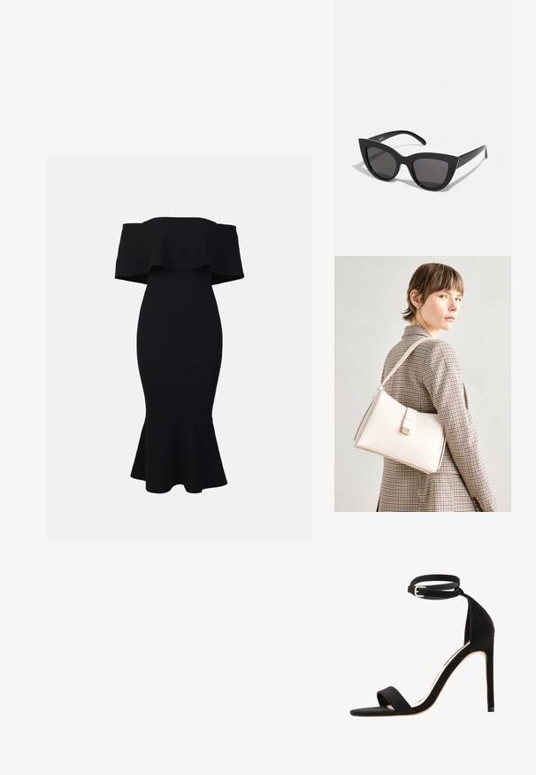 Svart off-the-shoulder kjole med et tettsittende liv og utsvingt nederkant. Laget av elastisk stoff, med et lagdelt volang langs utrigningen.; Sorte semskede høyhælede sandaler med et enkelt stroppdesign, åpen tå og ankelstropp med en sølvspenne.; Sorte katteau solbriller med mat finish, featuring grå tonede linser, skarpe vinkler og slanke sidearme. Merkenavn synlig på den indre armen.; Hvit lær veske med en strukturert design, med magnetlås og skulderstropp, vist mot en nøytral bakgrunn.
