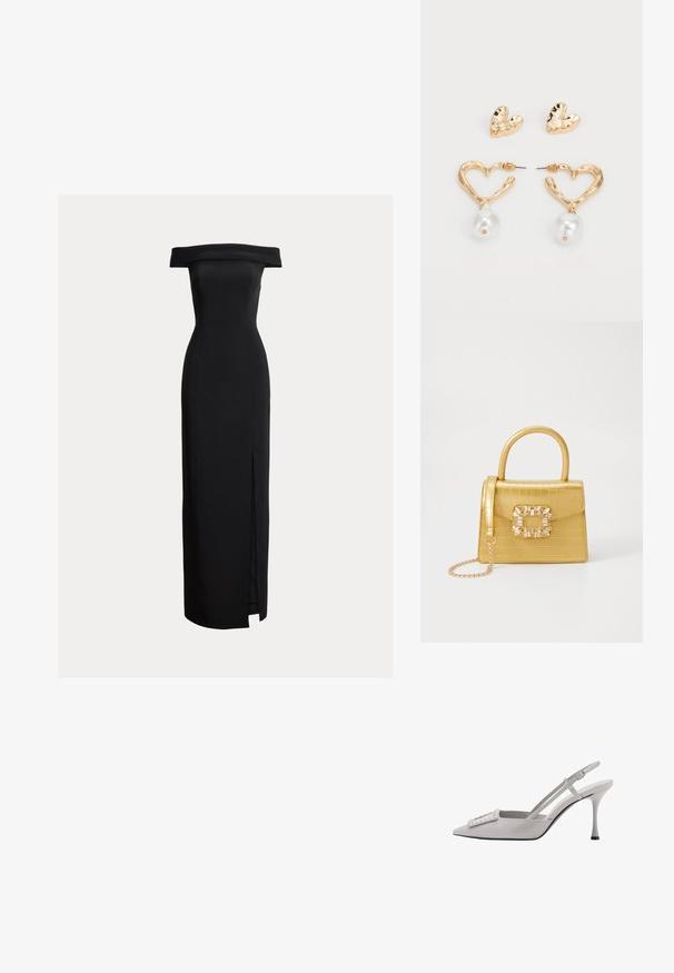 Black off-the-shoulder midi dress, fitted silhouette, side slit, smooth texture, minimalist design, with no visible fastenings.; Mango Classic heels - grey; Yellow faux-crocodile handbag with a structured design, top handle, detachable chain strap, and decorative crystal embellishment on the clasp.; Gold-tone heart-shaped earrings with a textured finish, featuring a hanging pearl accent. Includes matching heart stud earrings.
