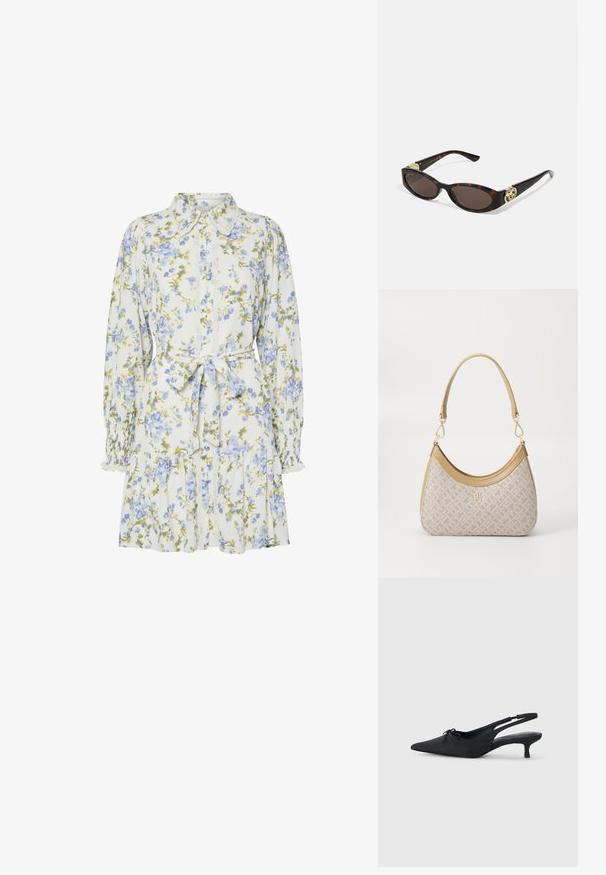 Vestito floreale bianco con fiori blu e verdi, caratterizzato da un colletto, apertura frontale con bottoni, maniche lunghe con polsini elastici e una cintura in vita.; Tacchi slingback neri con punta affusolata, tessuto testurizzato, un piccolo dettaglio a forma di fiocco nella parte anteriore e un tacco kitten modesto.; Occhiali da sole tartarugati con lenti ovali allungate, tonalità marrone, accenti dorati con logo sulle tempie e aste nere eleganti.; Borsa a tracolla beige con un motivo stampato, forma curvata, dettagli in pelle e un logo dorato sul davanti. Presenta una maniglia corta per un facile trasporto.; Collana di perle e cristalli con un design rotondo a perline in tonalità tenui, caratterizzata da perle alternate e accenti scintillanti, indossata attorno al collo.