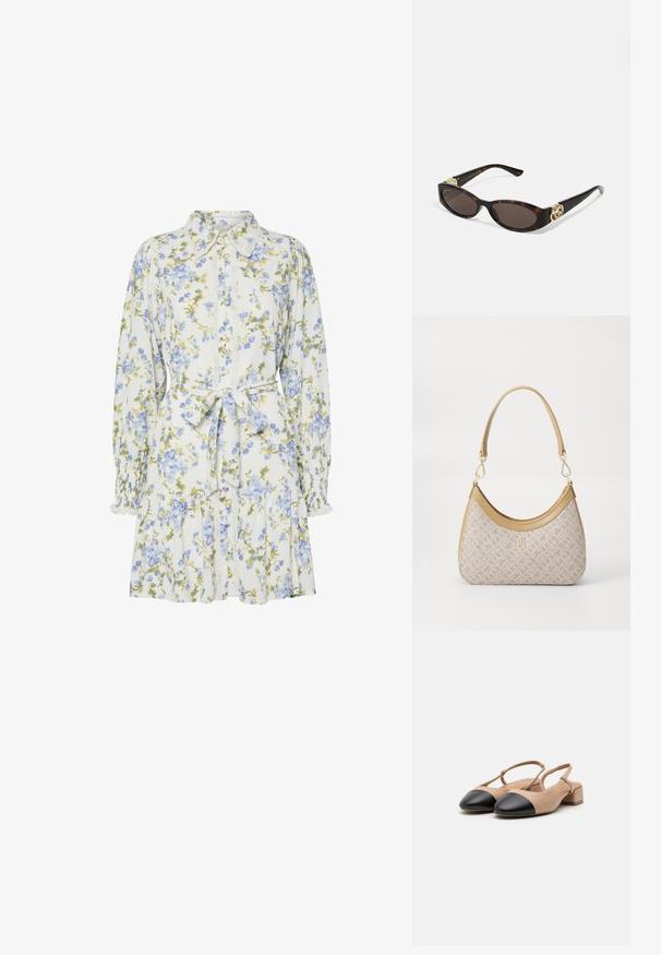Vestito floreale bianco con fiori blu e verdi, caratterizzato da un colletto, apertura frontale con bottoni, maniche lunghe con polsini elastici e una cintura in vita.; Scarpe slingback in pelle beige con punta nera, tacco a blocco e cinturino regolabile. Texture liscia e design minimalista.; Occhiali da sole tartarugati con lenti ovali allungate, tonalità marrone, accenti dorati con logo sulle tempie e aste nere eleganti.; Borsa a tracolla beige con un motivo stampato, forma curvata, dettagli in pelle e un logo dorato sul davanti. Presenta una maniglia corta per un facile trasporto.; Collana di perle e cristalli con un design rotondo a perline in tonalità tenui, caratterizzata da perle alternate e accenti scintillanti, indossata attorno al collo.