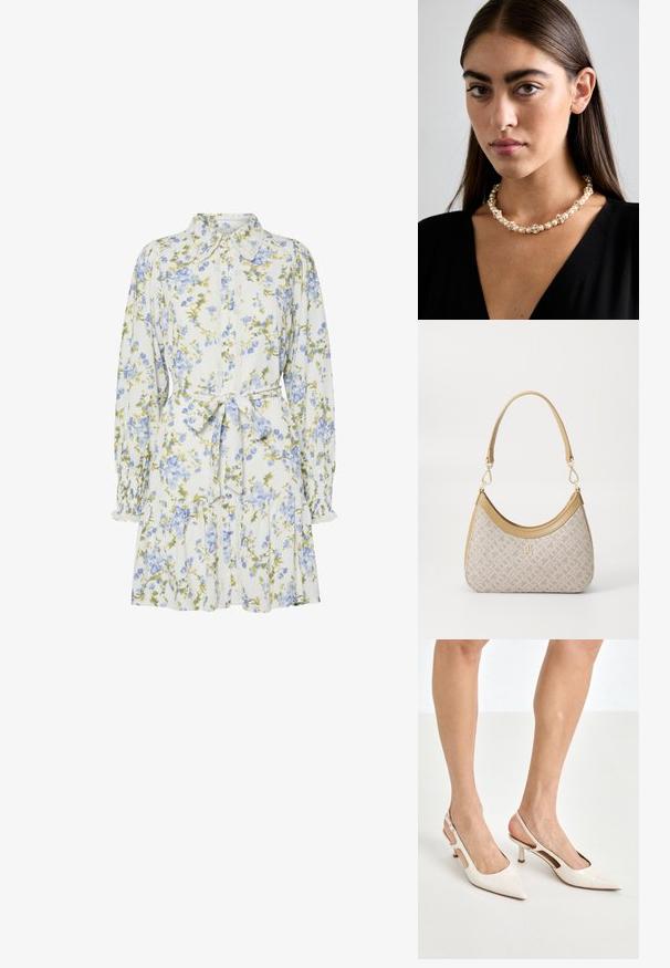 Kwiatowa sukienka w bieli z niebieskimi i zielonymi kwiatami, z kołnierzykiem, zapinana na guziki z przodu, z długimi rękawami z elastycznymi mankietami i paskiem w talii.; Beżowe lakierowane szpilki z odkrytą piętą, zakończone spiczastym noskiem i 5 cm obcasem, z wyciętymi bokami oraz cienkim paskiem na kostce.; Beżowa torebka w wzory o zakrzywionym kształcie, z skórzanymi akcentami i złotym logo z przodu. Posiada krótki uchwyt, co ułatwia noszenie.; Naszyjnik z pereł i kryształów o okrągłym, koralikowym wzorze w jasnych odcieniach, z naprzemiennie umieszczonymi perłami i błyszczącymi akcentami, noszony na szyi.