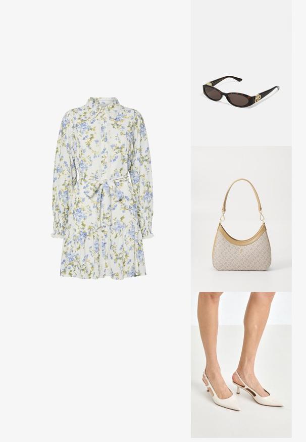 Vestido floral en blanco con flores azules y verdes, con cuello, cierre frontal de botones, mangas largas con puños elásticos y cinturón a la cintura.; Tacones slingback de charol beige con punta afilada y un tacón de 5 cm, con lados recortados y una delgada correa en el tobillo.; Gafas de sol carey con lentes ovalados alargados, tintado marrón, acentos de logo dorado en las patillas y brazos negros elegantes.; Bolso de mano beige con un patrón y forma curva, acentos de cuero y un logo tono dorado en la parte frontal. Cuenta con un asa corta para un fácil transporte.