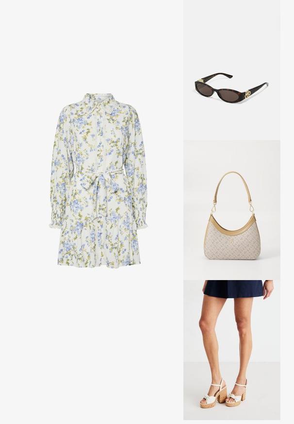 Bloemendress in het wit met blauwe en groene bloemen, voorzien van een kraag, knoopsluiting aan de voorkant, lange mouwen met elastische manchetten en een tailleband.; Witte platform sandalen met kurken basis, geknoopte voorkant en enkelbandje voor extra steun. Glad oppervlak met een stevige blokhak.; Schildpadbril met langwerpige ovale lenzen, bruine tint, gouden logo-accenten op de pootjes en slanke zwarte armen.; Beige handtas met een patroon en een gebogen vorm, leren accenten en een goudkleurig logo aan de voorkant. Beschikt over een kort handvat voor gemakkelijk dragen.; Parel- en kristallen ketting met een ronde, gehaakte ontwerp in lichte tinten, met afwisselend parels en sprankelende accenten, gedragen om de hals.