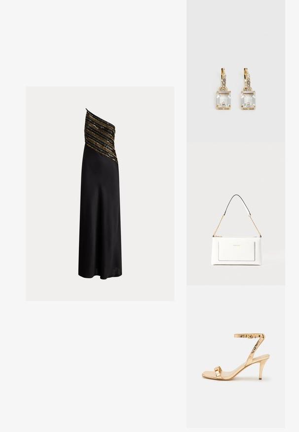 Crna večernja haljina s drapiranim, asimetričnim korzetom od zlatnih i crnih šljokica. Glatka, lepršava tkanina pada do poda.; Zlatna metalik sandala na visokom petu s uskim remenčićem oko zapešća, kvadratnim vrhom i ukrasnim hardverskim detaljima. Glatka tekstura s sjajnom završnom obradom.; Bijela kožna torba s teksturiranim završetkom, koja ima zlatni lančić i crne akcentne detalje. Uključuje prednji džep i zatvaranje na patentni zatvarač.; Zlatne naušnice s pravokutnim, prozirnim kristalom koji visi ispod niza malih, okruglih prozirnih akcenata. Elegantni, moderni dizajn.