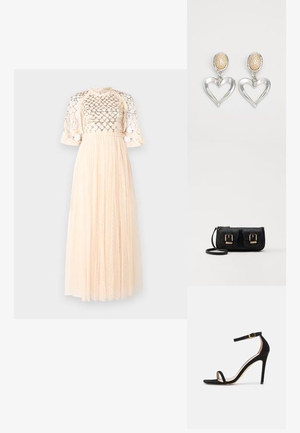 Maxi dress in pale peach with a textured lace bodice, short puff sleeves, and a flowing skirt featuring small dotted patterns.; Stuart Weitzman NUDISTCURVE - Sandals - black; Black leather crossbody bag with two front pockets, gold buckles, zipper closure, and a slim strap. Textured surface and compact rectangular shape.; Silver heart-shaped earrings with a glossy finish. Each features a textured beige oval stud. Elegant and lightweight design.