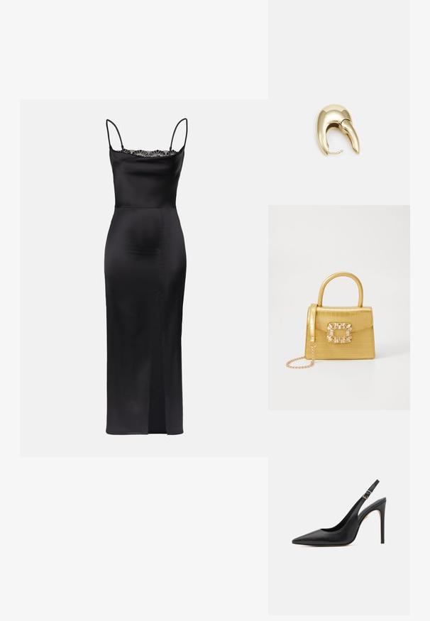 Black satin dress with spaghetti straps, lace trim at neckline, form-fitting silhouette, and a side slit for ease of movement.; Black leather high-heeled slingback shoe with pointed toe, featuring a thin heel and adjustable ankle strap with gold-tone buckle.; Yellow faux-crocodile handbag with a structured design, top handle, detachable chain strap, and decorative crystal embellishment on the clasp.; Gold-tone metal earring with a sleek, curved design. Features a distinctive pointed shape, polished surface, and hinge closure.