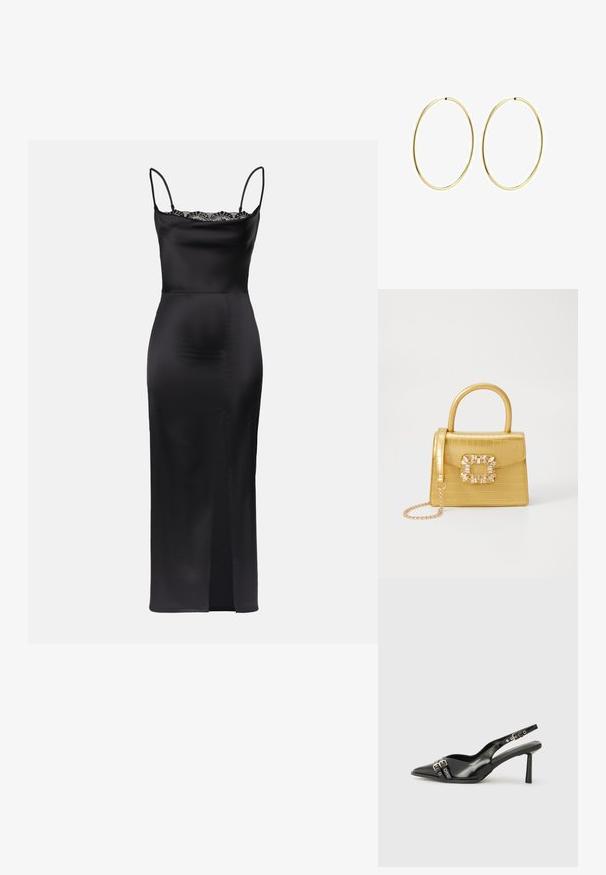 Vestido de satén negro con tirantes finos, detalles de encaje en el escote, silueta ajustada y una abertura lateral para facilitar el movimiento.; Zapato de charol negro tipo slingback con punta afilada, correas al tobillo con hebillas y herrajes de plata, y un tacón delgado.; Bolso de mano de imitación cocodrilo amarillo con un diseño estructurado, asa superior, correa de cadena desmontable y embellecimiento de cristal decorativo en el cierre.; Pendientes de aro dorados con un diseño suave y redondeado. Finos y livianos, presentan un lazo continuo sin ningún tipo de adornos.