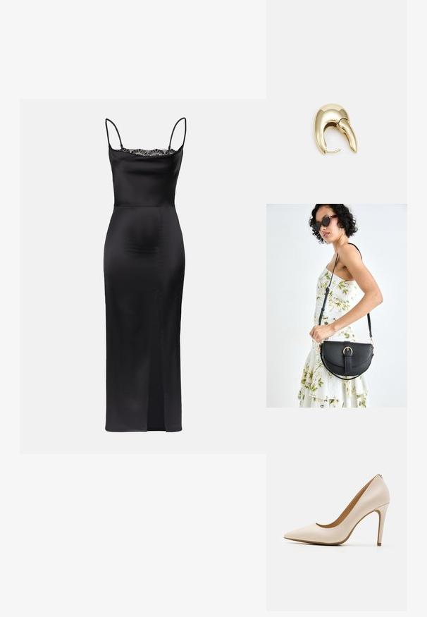 Robe satin noir avec bretelles spaghetti, bordure en dentelle au niveau du col, silhouette ajustée et fente latérale pour faciliter le mouvement.; Escarpin beige à talon haut, à bout pointu, finition en cuir lisse, talon stiletto mince, design minimaliste avec un détail arrière subtil.; Sac à main en cuir noir avec une forme courbée, bandoulière amovible et des accessoires en or. Le sac est doté d'un rabat avec un détail de boucle.; Boucle d'oreille en métal doré avec un design élégant et courbé. Présente une forme conique distinctive, une surface polie et une fermeture à charnière.